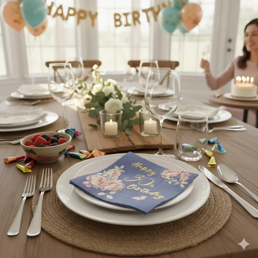 NEW Floral Happy 30th Birthday Napkins - Navy Blue, Gold 50 Pack